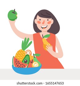 Girl eating green apple.On table is plate of fruit pineapple, avocado, watermelon, pear, orange, lemon, mandarin, piece, slice. Child kid health concept. Vector illustration isolated