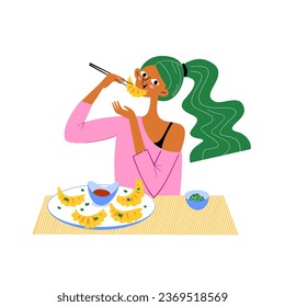 Girl eating gyoza dumplings in a Chinese restaurant. Vector illustration.