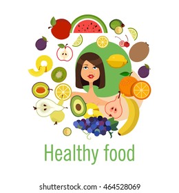 Girl eating healthy food. Girl slim young. Vegetarian. the vegetables and fruits. fresh food vector logo design template. icon gardening. flat illustration