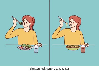 Girl eating healthy and unhealthy food. Child emotions with nutritional meal or fastfood. Children food and nutrition problems. Vector illustration. 