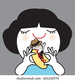 Girl Is Eating Hot Dog Made Of Her Lover To Show The Feminist Power, Character illustration