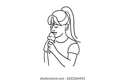 Menina comendo sorvete desenho de linha contíguo. Resumo dos feriados de verão. Ilustração vetorial