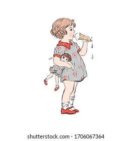 Girl eating ice cream and holding doll. Both dressed in identical dresses in flower pattern. Happy childhood. Child in vintage style. Retro clip art. 