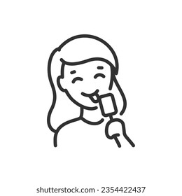 girl eating ice cream, linear icon. A joyful woman and ice cream on a stick. Line with editable stroke