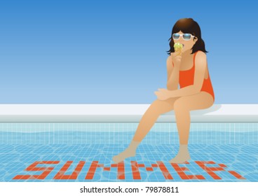 Girl eating ice cream at the pool