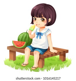 The girl is eating ice cream sitting on a wooden chair. There are watermelon placed beside her, vector illustration.