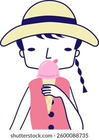 A girl is eating an ice cream in the summer. 