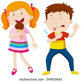 Girl eating icecream and boy eating lemon illustration