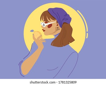 Girl eating apricot​. Modern vector illustration.