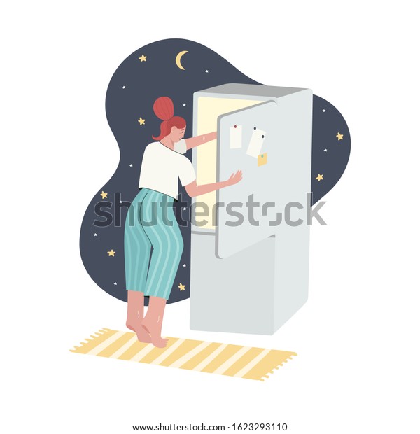 Girl eating at\
night, nervous disposition, gluttony,. Rejecting Yourself, Judging\
Yourself, Eating Problem and Emotional Problems concept. Flat\
cartoon vector\
illustration.