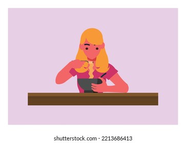 A girl eating noodle. Simple flat illustration.