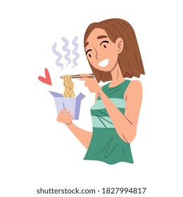 Girl Eating Noodles with Chopsticks, Food Express Delivery Service Concept Cartoon Style Vector Illustration
