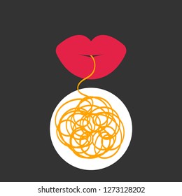 Girl eating pasta, female lips and spaghetti, noodles. Vector element 