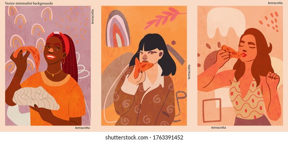 Girl eating pizza. A collection of women with pizza in their hands. Abstract minimalist hand-drawn vector illustration for stories, wall decoration, postcard or brochure cover design.