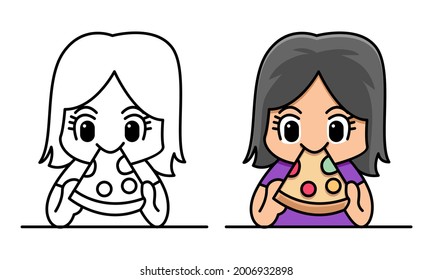 Girl Eating Pizza Coloring Page For Kids