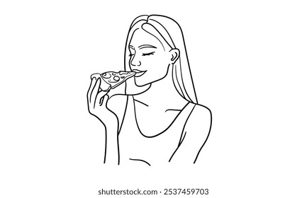 Chica comiendo pizza continua línea de dibujo de arte aislado sobre fondo blanco. Hermoso contorno de dama. Ilustración vectorial	