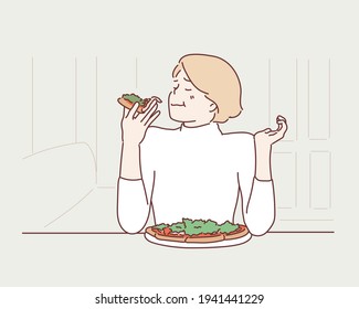  girl eating pizza at restaurant.Hand drawn style vector design illustrations.