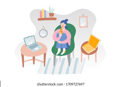 Girl eating pizza, watching videos on laptop, cozy interior, modern living room, vector illustration, indoors activities on isolation quarantine, open box with pizza slice, concept of leisure time