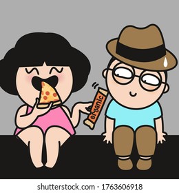 Girl Eating Pizza While Giving Her Lover Boy An Organic Food Bar Concept Card Character illustration