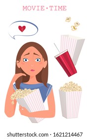 girl eating popcorn, an air of sadness, surprise face
