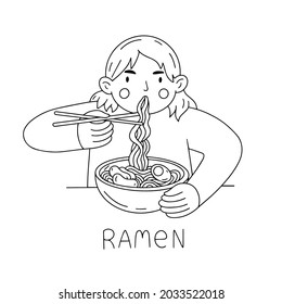 Girl eating ramen. Black and white vector illustration in the flat style. Isolated on white background.