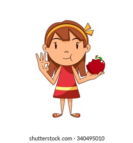 Girl eating red apple, vector illustration svg