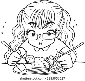 Caricatura de arroz come chicas doodle kawaii página de color anime linda ilustración de dibujos animados personaje de arte chibi manga cómico