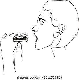 Menina comendo sanduíche vista lateral. Esboço de comer sanduíche por menina. Imagem em preto e branco. Ilustração vetorial.