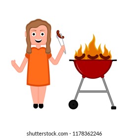 Girl eating a sausage. Barbecue image
