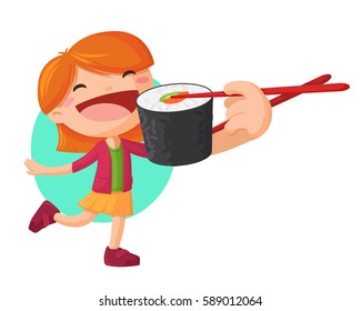 Girl Eating Sushi With Chopsticks.Vector Illustration In Cartoon Style For Banner/poster