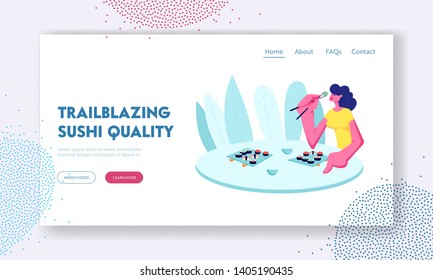 Girl Eating Sushi and Rolls with Chopsticks in Restaurant. Young Happy Female Character Enjoying Japanese Food, Weekend Leisure Website Landing Page, Web Page. Cartoon Flat Vector Illustration, Banner