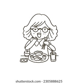 Girl eating sushi at table of restaurant, outline drawing style vector