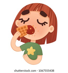 
girl eating sweet waffle Isolated . Sticker, print. Green t-shirt with yellow star. vector illustration.