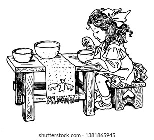 Niña comiendo, esta escena muestra a una niña comiendo con cuchara de un bol, tres tazones mantenidos en la mesa a su lado, tres osos de tela que se guardaban en la mesa, dibujos de líneas antiguas o ilustración de grabaciones