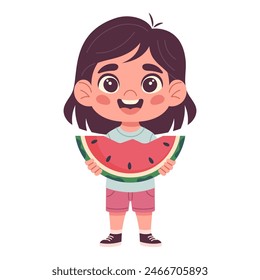 Girl eating watermelon, happy, funny, summer season, refreshing, with watermelon slice in hand, hand-drawn, flat vector illustration