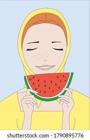 Girl eating a watermelon, pretty girl with freckles eating a watermelon, food illustration, woman in a kerchief.