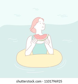 A girl is eating a watermelon in a tube in the water. hand drawn style vector doodle design illustrations.