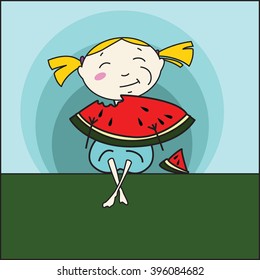 Girl eating watermelon vector