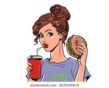 The girl eats a burger and soda. Appetizing fast food and high-quality delivery. Seasonal offerings of delicious new restaurant food menus. Comic cartoon pop art retro vector illustration hand drawing