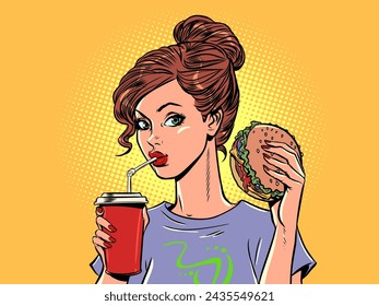 The girl eats a burger and soda. Appetizing fast food and high-quality delivery. Seasonal offerings of delicious new restaurant food menus. Comic cartoon pop art retro vector illustration hand drawing