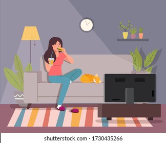 Girl eats a burger and watches TV on the sofa. Vector flat illustration