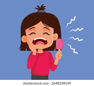 
Girl Eats a Cold Ice Cream Getting a Toothache Vector Illustration. Unhappy little kid suffering after licking a frozen treat