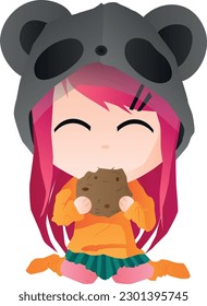 A girl eats cookies in a panda hat 
