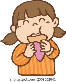 A girl eats a crepe at a stall at an event.
