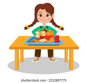 The girl eats fast food sitting at the table.Vector illustration.