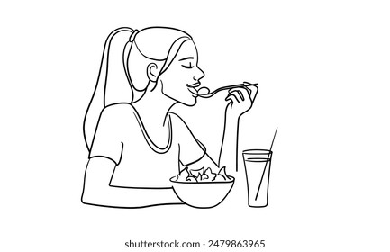 Girl eats food and enjoys continuous line art drawing isolated on white background. Vector illustration