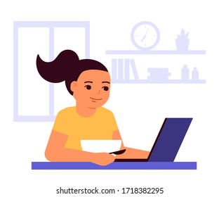 Girl eats and looks at laptop. Food and using laptop. Stay at home. Internet addiction. Game, play, recreation, leisure at home. Vector illustration