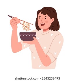 Uma menina come macarrão com chopsticks.Personagem jovem feliz comendo macarrão de ramen para o jantar