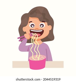 The girl eats noodles. Vector illustration in flat style