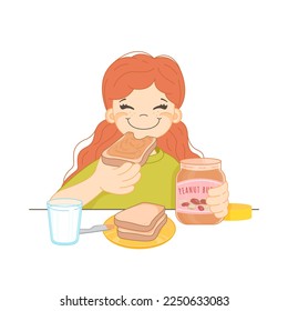 Girl eats peanut butter sandwich with great pleasure